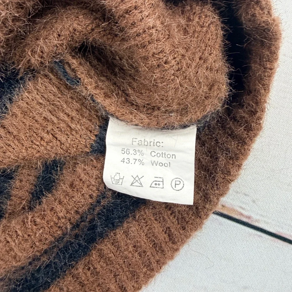 Unbranded Brown Black Abstract Stripe Wool Blend Fuzzy Knit Sweater Mens XL